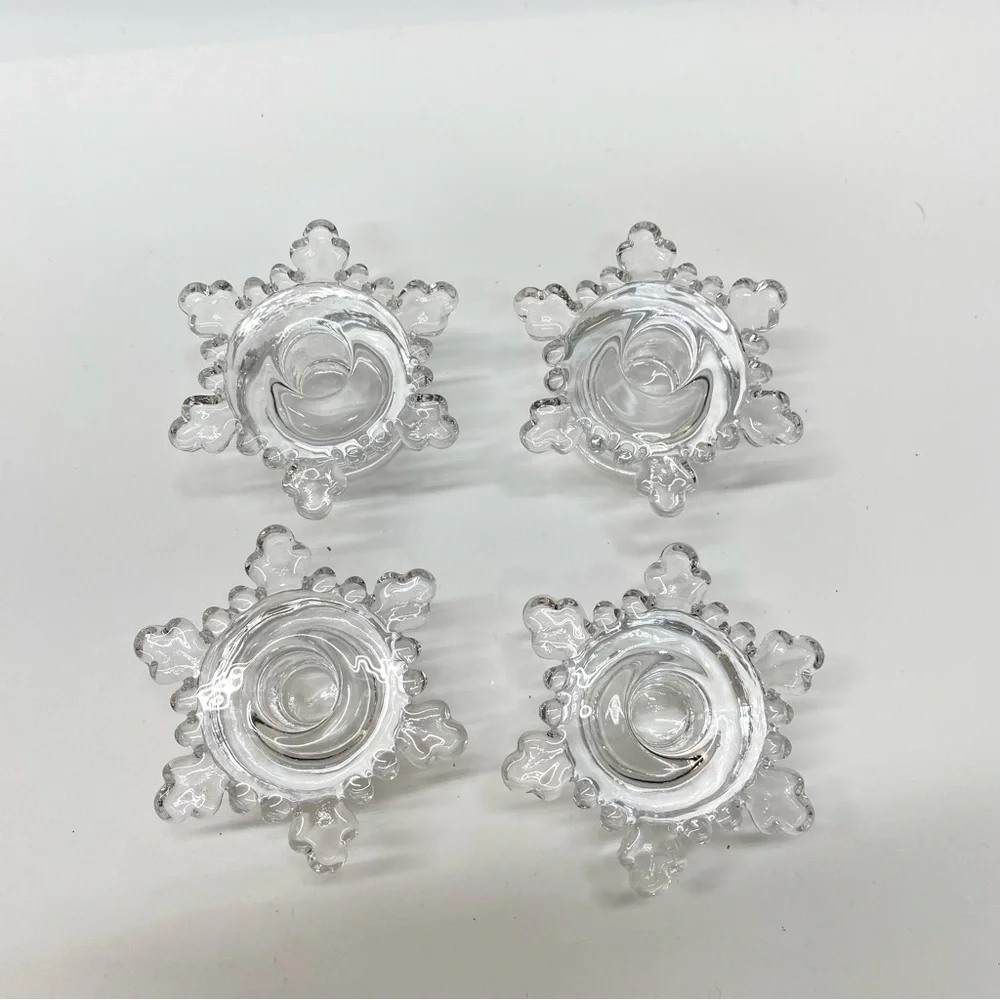 Williams Sonoma Clear Glass Snowflake Taper Candle Holders Set of 4 NEW Holiday